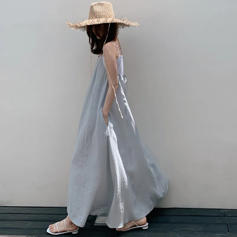 

Cotton Linen Strap Dress Women's Korean-style Loose And Plus-sized over-the-Knee Long Camisole GIRL'S Dress Casual Students Flax