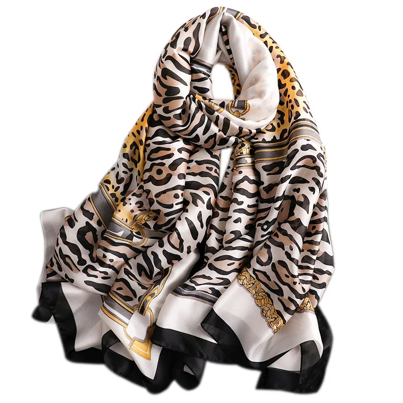 Модный Шелковый шарф для женщин с животным леопардовым принтом, хиджаб, женские пашмины шали, накидка для пляжа, бандана