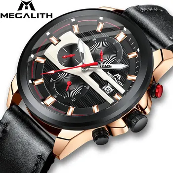 

MEGALITH Top Brand Luxury Mens Watches Waterproof Chronograph Sports Quartz Wrist Watches Black Leather Clock Relogio Masculino