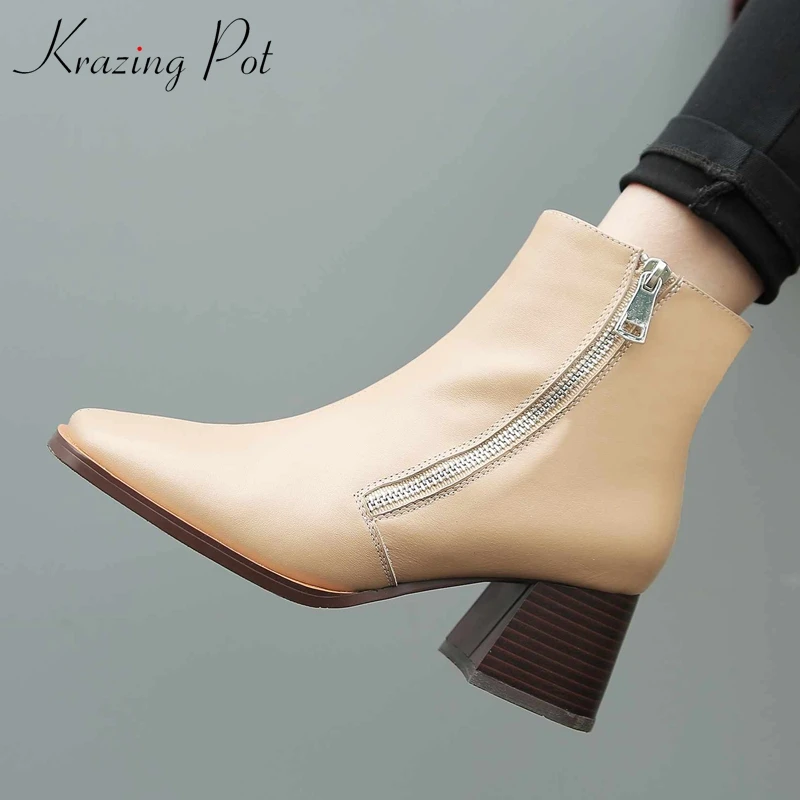 

krazing pot full grain leather zipper leisure square toe Chelsea boots thick high heels runway plus size 43 42 ankle boots l9f3