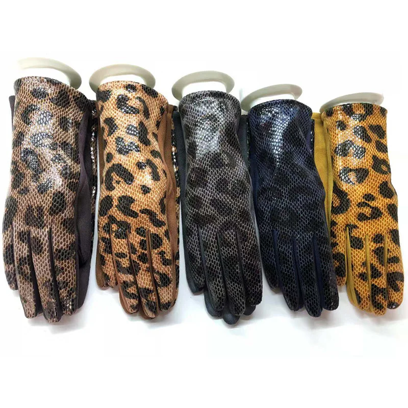 Fashion Women Touch Screen Glove Winter Faux Animal leather Cycling Driving Gloves suede velvet thicken warm leopard gloves H84