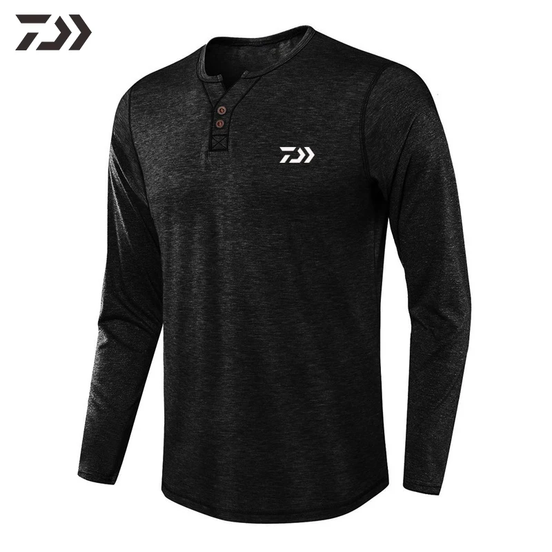 Daiwa Одежда дышащая Рыбацкая рубашка футболка с длинным рукавом спортивная рубашка мужская повседневная походная рубашка Весенняя однотонная свободная футболка с круглым вырезом - Цвет: Черный