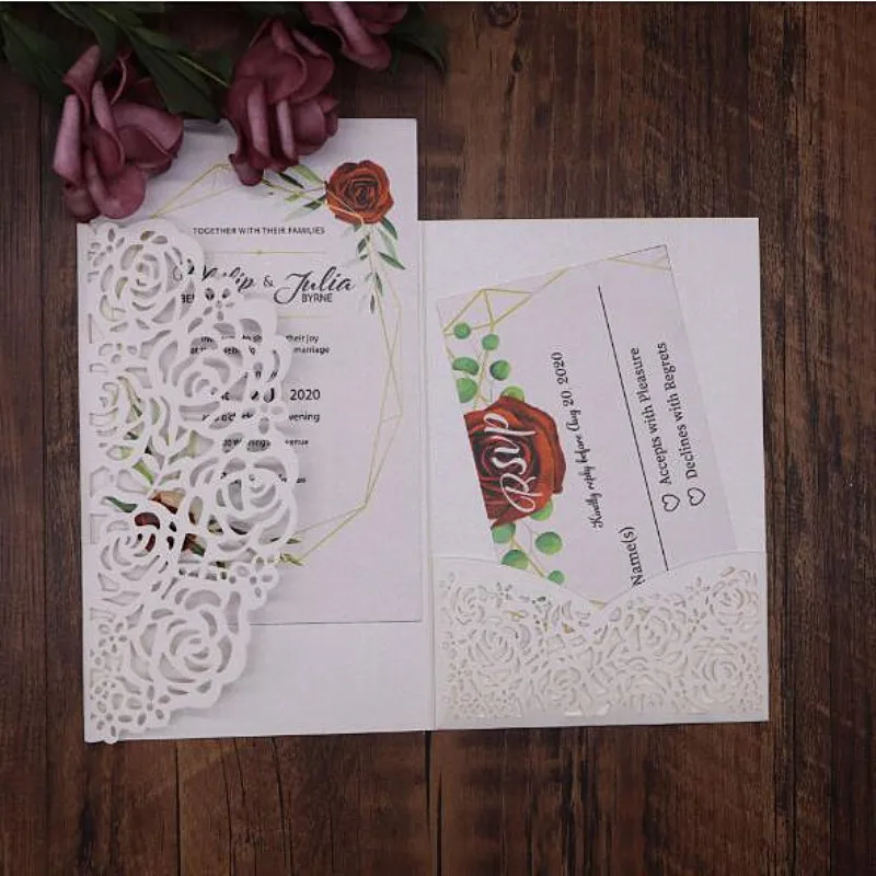  50pcs Lace Rose Flower Print Pocket Invitations Cards Wedding Customizes Christmas Birthday Greetin - 4.00002E+12