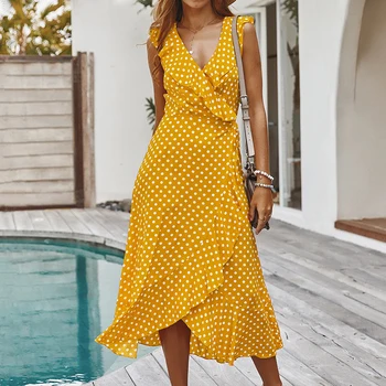 

JULY'S SMTWB 2020 New Summer Polka Dot Sleeveless Women's Dress Ruffles Floral Sexy Robe Beach Vacation Style One-piece