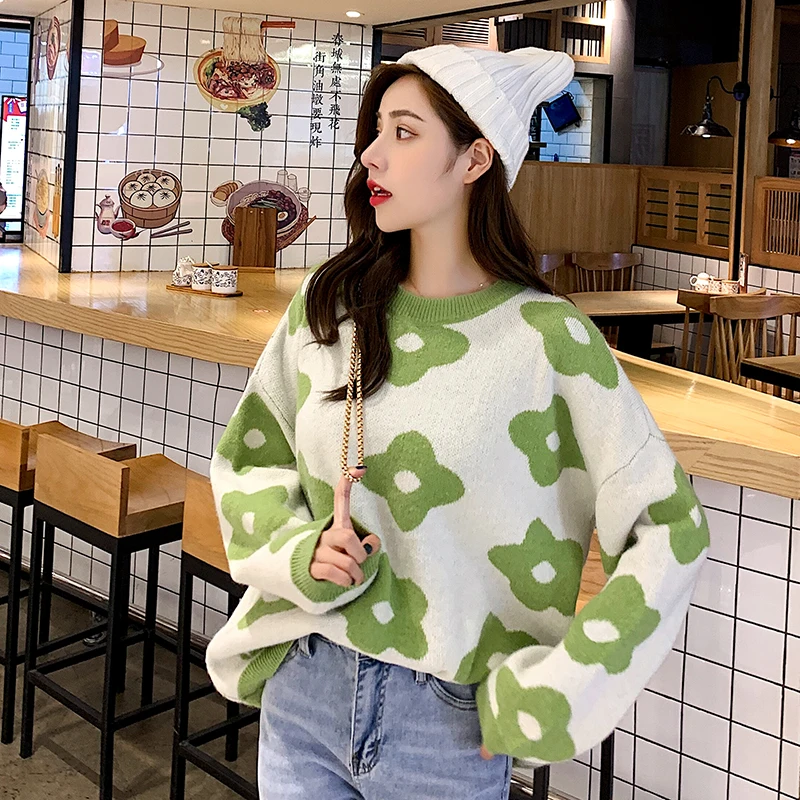 

Autumn And Winter Flowers Fashion Ladies Sweater College Style Loose Outer Wear Korean Style Lazy Knit Sweater