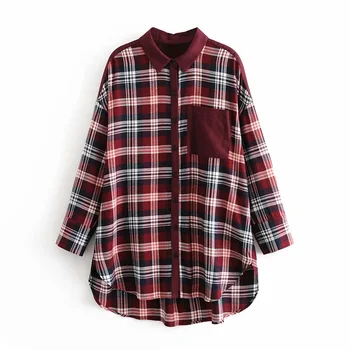 

Fall 2019 women's new long sleeve lapel pocket with button down wide shirt coat Plaid Shirt coat 08819063600