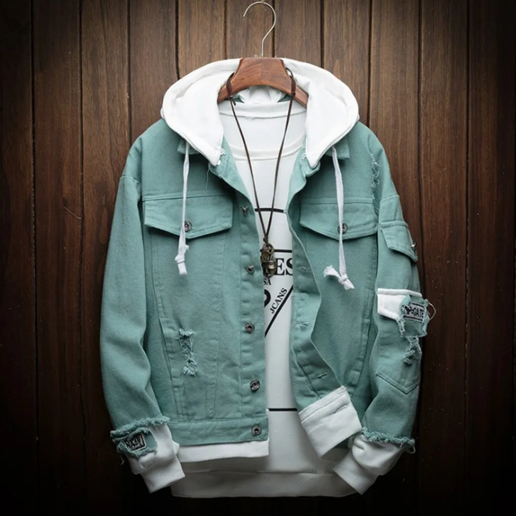 

Autumn New Hooded Denim Jacket Men Fashion Fake Two Pieces Of Streetwear Bomber Jacket and Coat Man Cowboy Clothes Male M-3XL #8