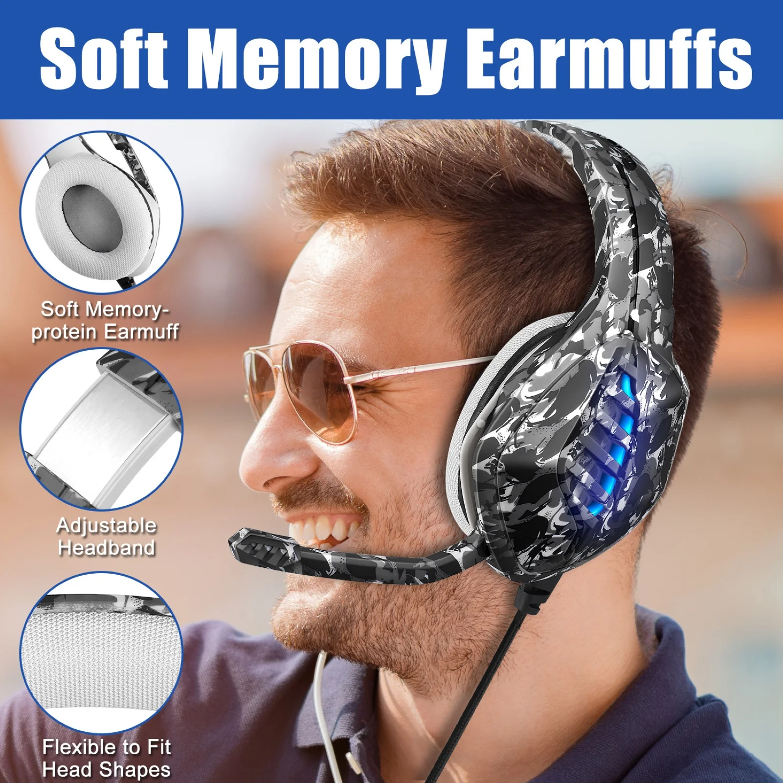 J1 Camouflage Gaming Headset Headphone with Microphone Noise Reduction LED Light Computer Gaming Earphone