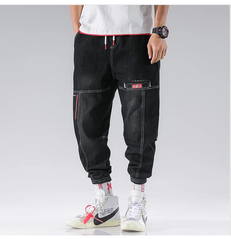 Men Fashion High Street Jeans Casual Harem Pants Letter Print Light Blue Sweatpants Trousers Drawstring Homens Jeans Denim Pants lee carpenter jeans