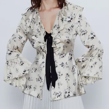 

ZA Elegant Summer Shirt Women 2020 Ruffle V-neck Long Sleeve Front Tie Hook Tops Female Chic Satin Print Blouse Blusas