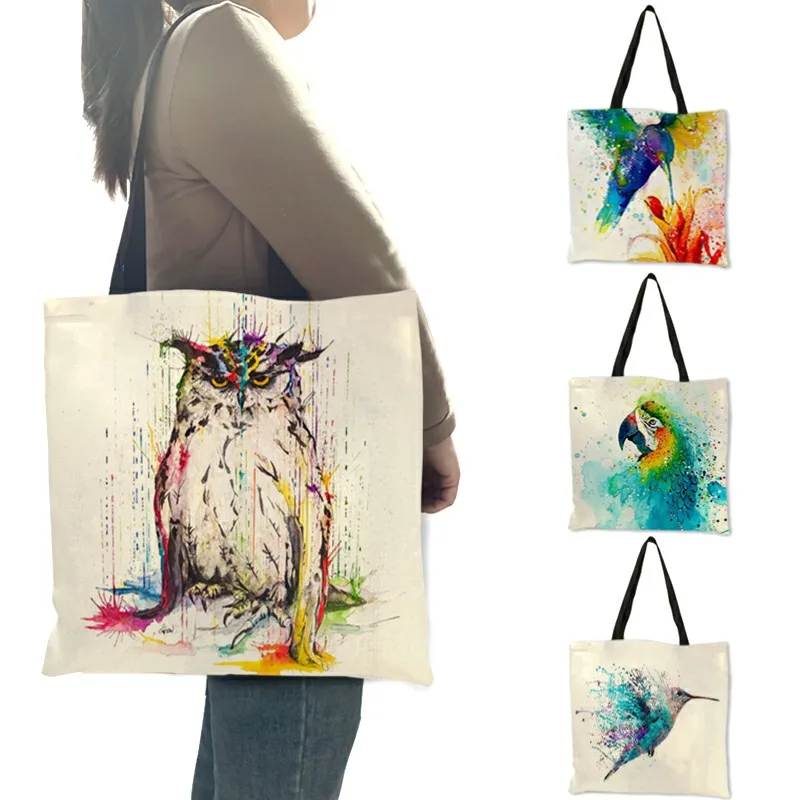 Creative Pattern Female Shoulder Bags Watercolor Art Bird Owl Dragonfly Handbag Eco Linen Practical Daily Office Totes |
