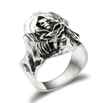 

925 Sterling Silver Skull Men Ring Grim Reaper Skeleton Omnipotence Punk Style for Male Party Fashion Heavy Jewelry