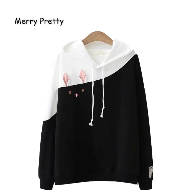 Merry Pretty хлопковый женский спортивный костюм с капюшоном и принтом кота из мультфильма Harajuk, зимние толстовки с длинным рукавом, толстовки, милый пуловер