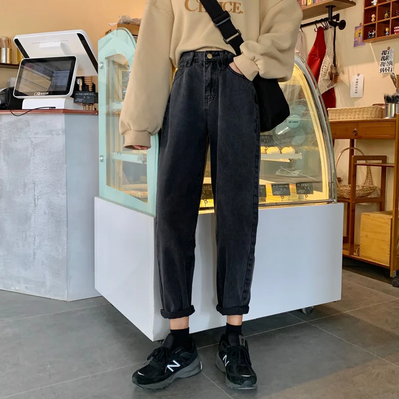 

Black Loose Harem Pants Spring/summer Women Retro High Waist All-match Straight Jeans Hong Kong Style Casual Ankle-length Pants