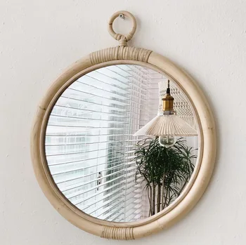 

Round retro rattan mirror bamboo hanging mirror porch house wall decorative mirrors round retro ins style classical 35*43cm