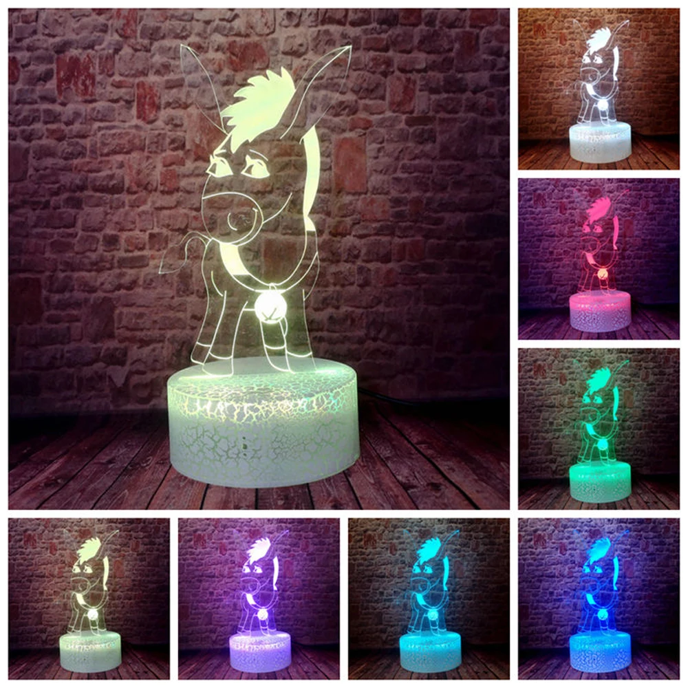 Ослик 3D светодиодный ночник голограмма многоцветный RGB детская спальная