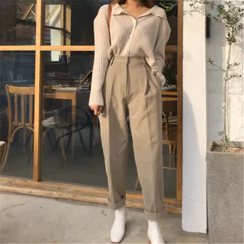 

2020 Spring Women Long Pant High Waist Casual Straight Solid Single Button Pockets Female Full Length Trouser Woman Clothes D583