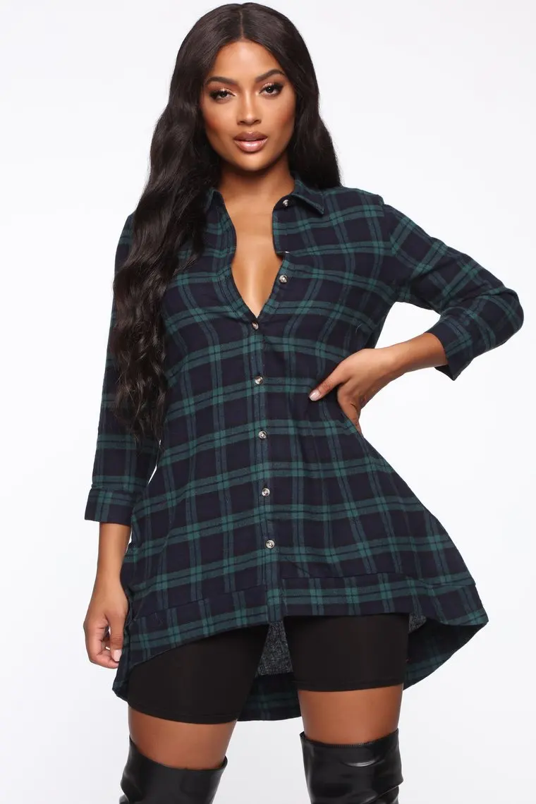 Plaid patchwork a-line shirt dress women single breasted three quarter sleeve mini dress high street popular shirt dress MOS1868
