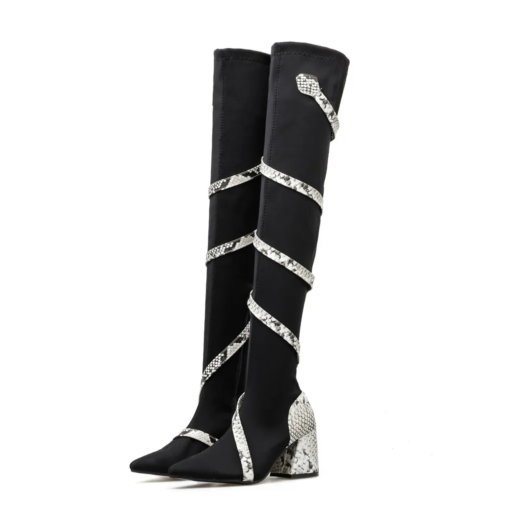 Осенне-зимние женские ботинки Стрейчевые тонкие высокие сапоги до бедра модные, пикантные Ботфорты сапоги до колена туфли на высоком каблуке с острым носком#1016 - Цвет: BK