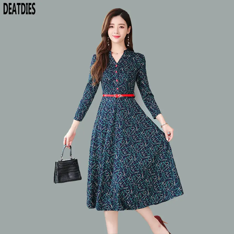 

New Women Dress 2019 A-Line Female Print Dress Ladies V-Neck Women Dress Long Sleeve Autumn Winter Dress Elegant Womens Dresses