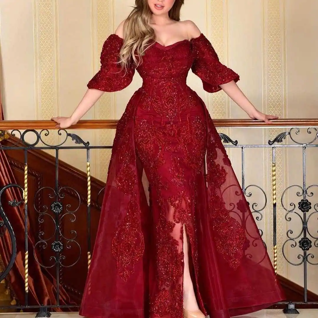 Dress Off Shoulder Long Red Dress Large Hem Design Patchwork Red For Wedding Evening Dinner Banquet Party Long Mopping Dress