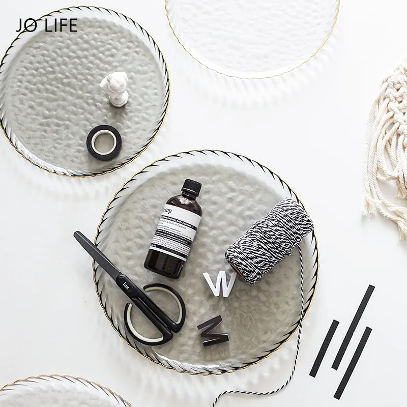 JO LIFE Nordic Creative Gold Edge Tableware Steak Dish Fruit Salad Tray Simple Design Glass Plate