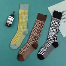 Корейские Хлопковые гольфы, женские Клетчатые Гольфы, Осенние Теплые забавные носки, женская уличная одежда, calcetines