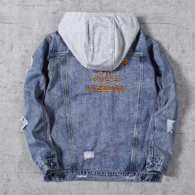 Men's Ripped Denim Jackets With Detachable Hat Back Letter Embroidery Jeans Jackets Outwear For Male Washed Size M-4XL (7)