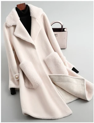 Новинка, Женское зимнее пальто из натурального меха, овечья шерсть, повседневное теплое натуральное овечье пальто из овечьей шерсти, длинное пальто большого размера F1133 - Цвет: beige