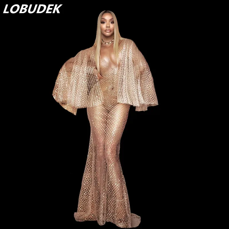 

Shining Sequins White Mesh See-through Dress Women Singer Dancer Host Evening Performance Outfit Sexy Perspective Long Dress