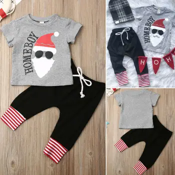 

CANIS Newborn Baby Boy Santa Clothes Set Short Sleeve Letter Printed T Shirt Tops Pants 2pcs Cotton Outfits