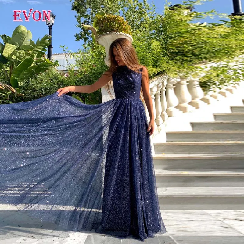 Navy Blue A Line Evening Dresses Sparkling Sequins Illusion Back Scoop Evening Gowns Robe De Soiree Vestidos De Noche
