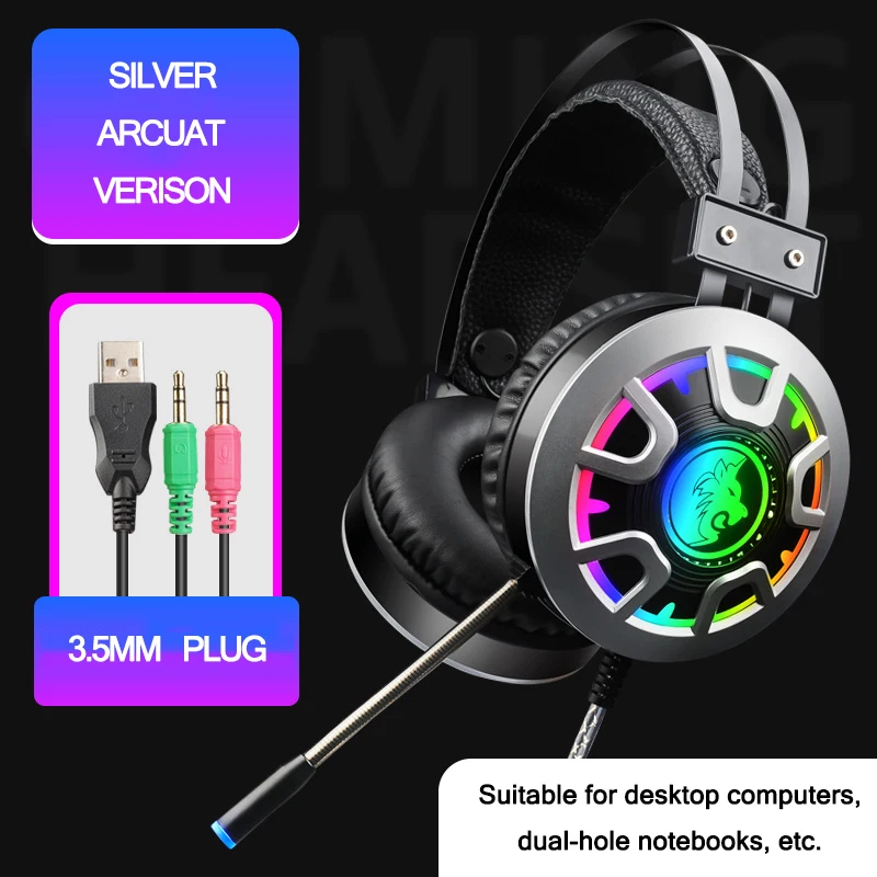 7,1 канальный объемный бас гарнитура PS4 Игровые наушники с шумоподавлением с RGB микрофоном наушники для xbox компьютера PC Gamer - Цвет: 3.5 Silvery Arcuat