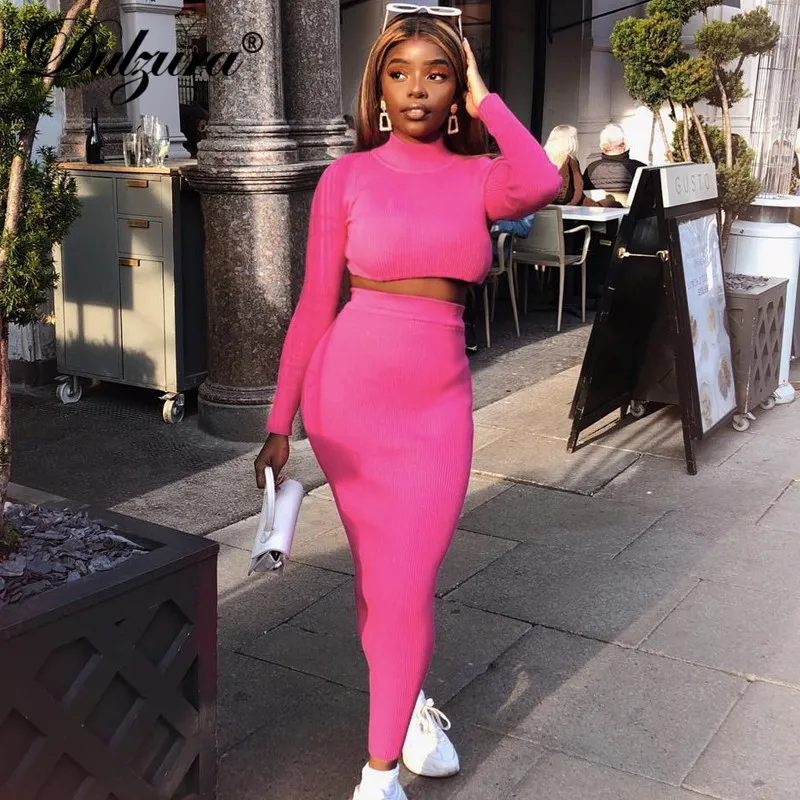 Najtaniej Dulzura 2019 jesienno zimowy damski zestaw dwuczęściowy krótki top długi spódnica pasujące zestawy streetwear eleganckie ubrania dres zestaw