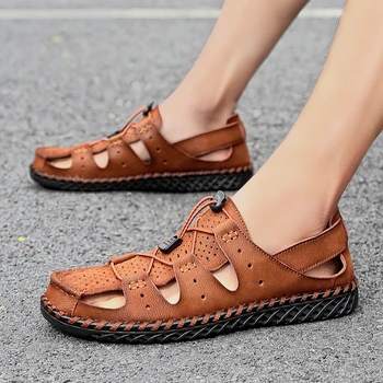 

Men genuine Leather Outdoor Sandals Summer Breathable Casual Shoes Footwear handmade Beach Sandals Water Sneakers big size 48