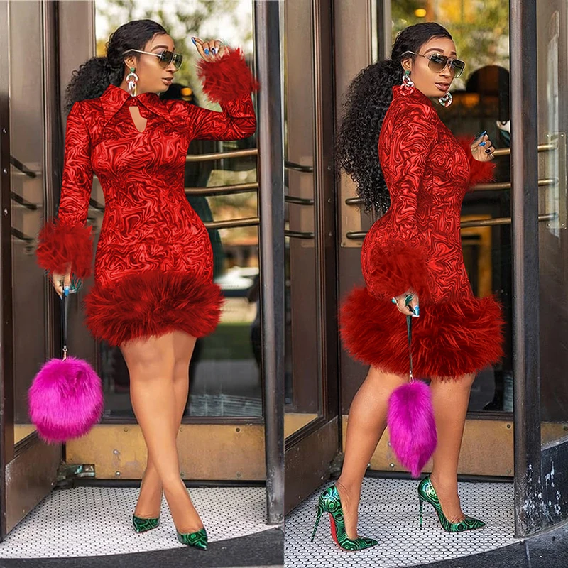 MD Woman Winter Dress 2022 African Print Feather Dress For Women Long Sleeve Evening Party Dress Plus Size 5XL European Clothing