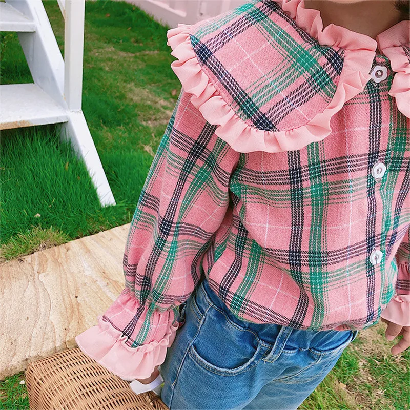 Baby Cotton Blouse Sweet Girls Ruffled Collar Clothes Kids Long Sleeved Shirt Children Cute Pink Tops Fashion Spring Autumn