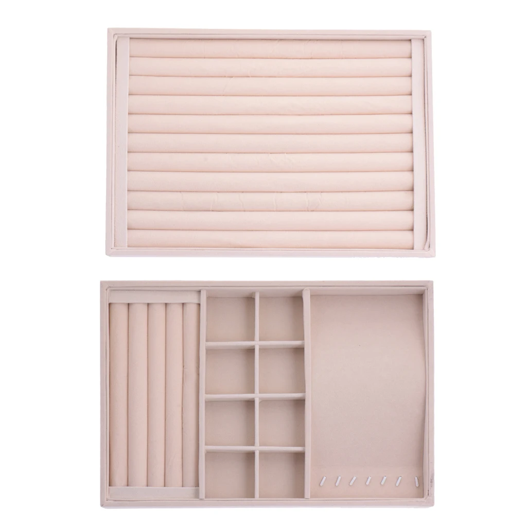 2 Pieces Stackable Velvet Jewelry Tray Earring Necklace Bracelet Ring Organizer Display Storage Box - Beige