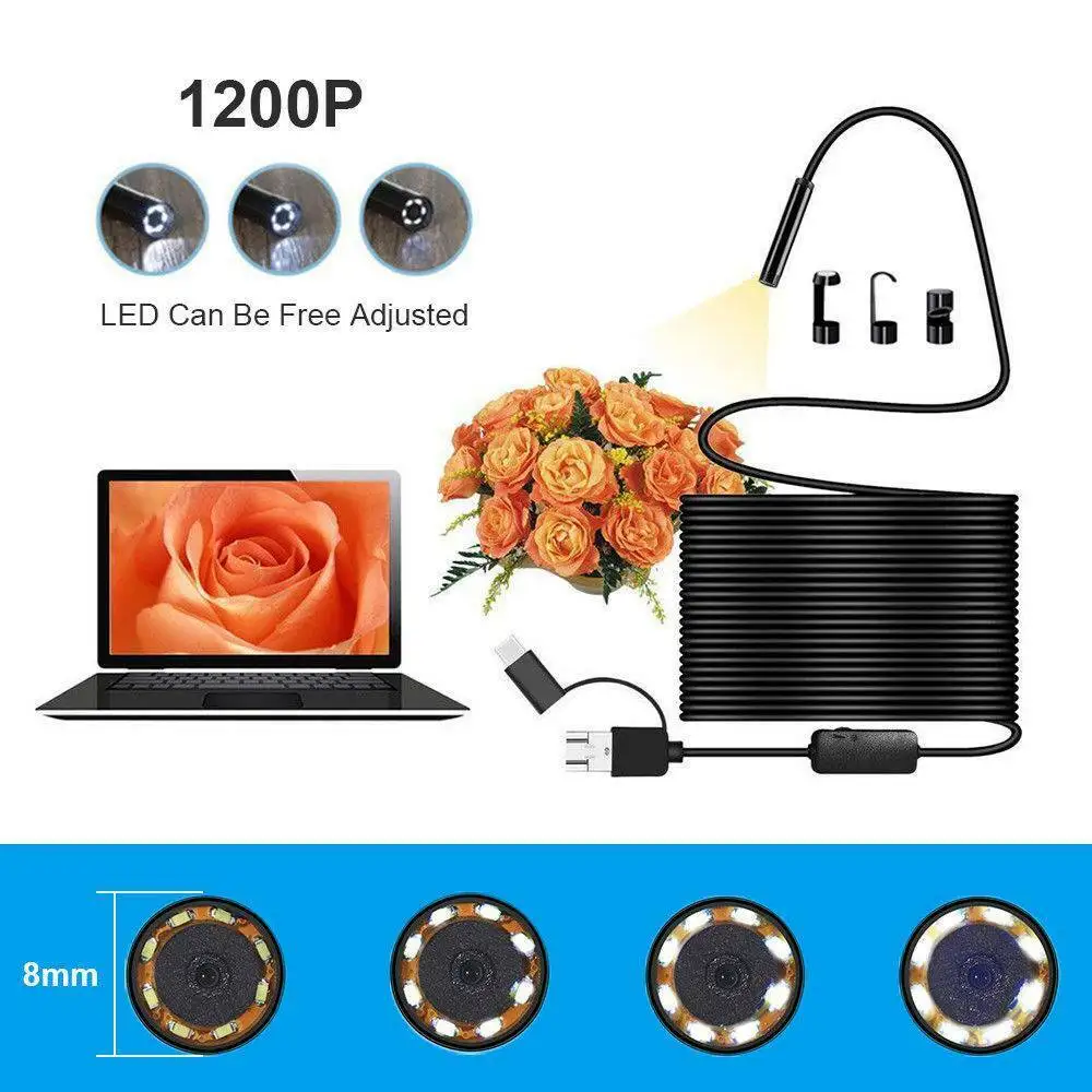 

8 LED USB Endoscope Inspection Camera 1200P HD Borescope 3in1 Waterproof IP68