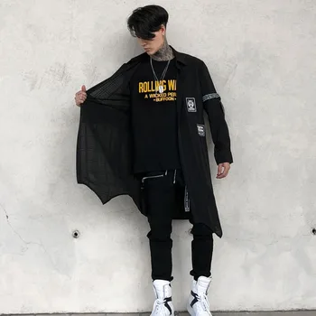 

Men black ribbons hiphop long shirts nightclub DJ singer punk rock streetwear men loose mesh camisa masculina stage costume
