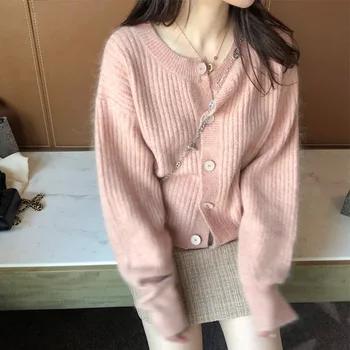 

C Early Autumn Pink Mohair Sweater Soft Sweater Cardigan Loose Jacket Women Early Autumn