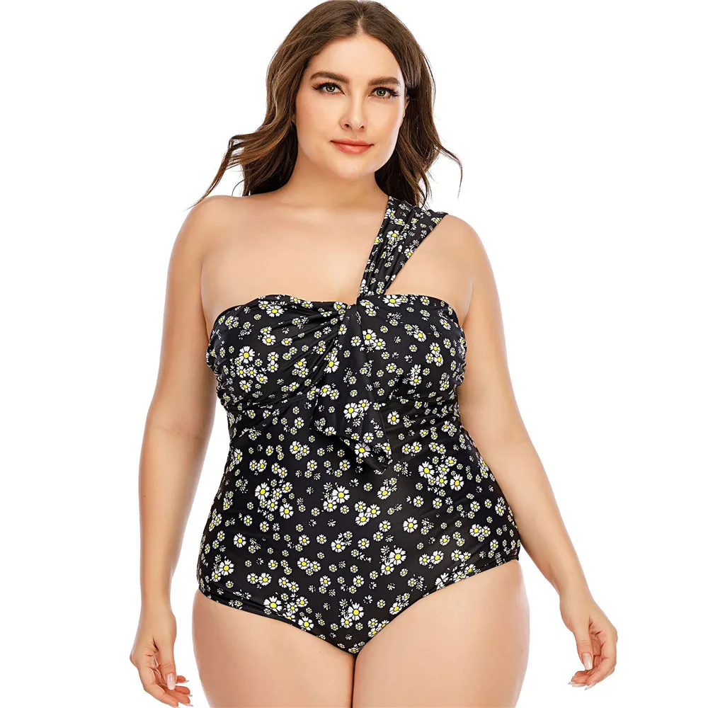 

Купальник женский большого размера 4XL 5XL, купальный костюм, черный купальник с цветочным принтом, Женское боди 3XL на одно плечо, бикини, лето 2021