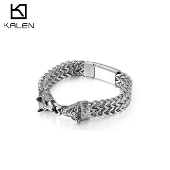 

KALEN Stainless Steel Animal Wolf Charm Bracelet For Men 22cm High Polished Link Chain Wrap Armband Bangle Male Jewelry