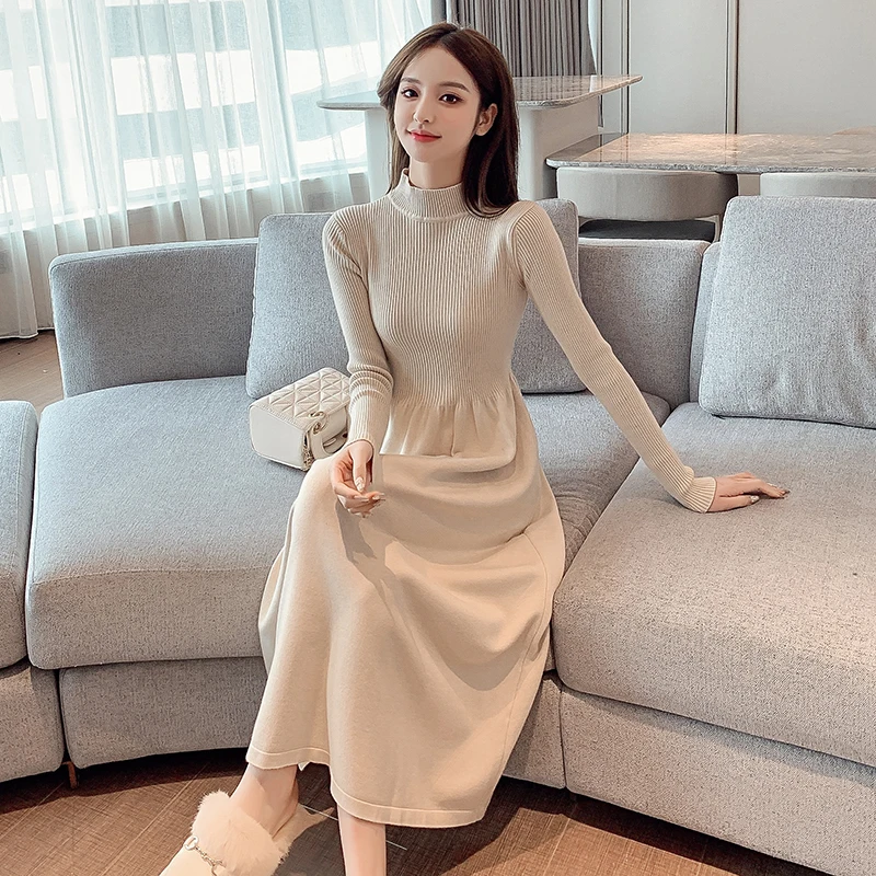 Autumn Winter New All-Match Casual Over-The-Knee Knitted Solid Color Round Neck Bottoming Elastic Black Dress Women