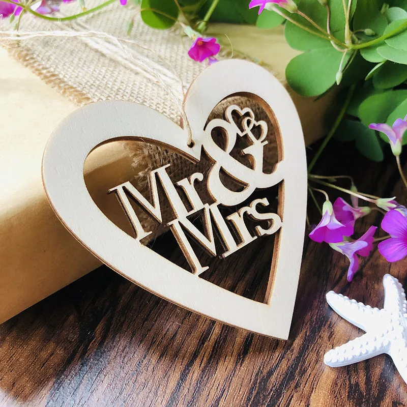 10 шт. Mr& Mrs сердце резьба по дереву висячие орнамент с пеньковой струной деревенские украшения для дома и свадьбы DIY ремесленные принадлежности iCraft