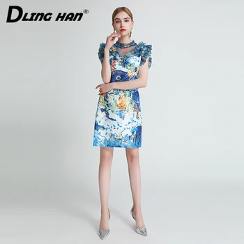 

DLINGHAN Fashion Print Mini Dress Women's Stand Collar Sleeveless Elegant Ruffles Slim DressesDesigner Spring Summer New