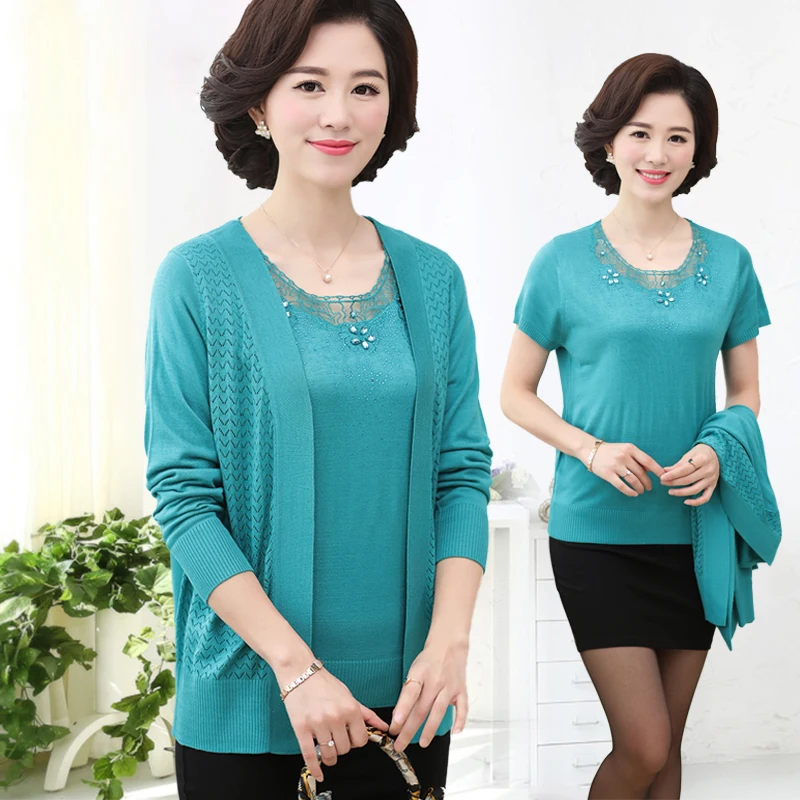 Осень осень зима мать из двух частей набор blusa tricot женщин среднего возраста вязаный свитер Женский Плюс Размер кардиганы S1117