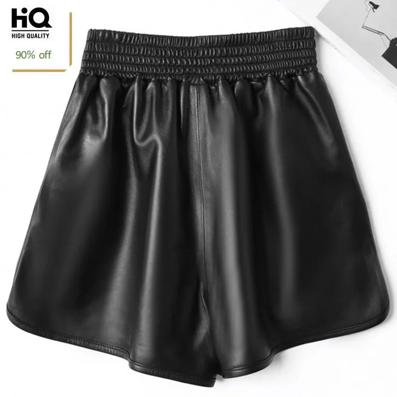 

Hot Sale High Quality Real Sheepskin Shorts Womens Winter Wide Leg Pants Women Casual Elastic Waist Leather Short Pant Female