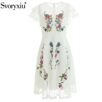

Svoryxiu Fashion Runway Summer Party White Lace Dress Women's Ruffles Short Sleeve High Quality Flower Embroidery Short Dresses