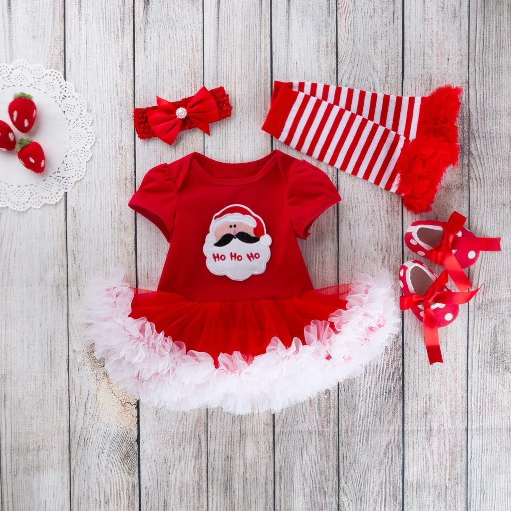 4 предмета, рождественские комплекты одежды для маленьких девочек, 4 предмета комбинезон с принтом Санта-Клауса и юбка, комплекты одежды для новорожденных, 0-24 мес